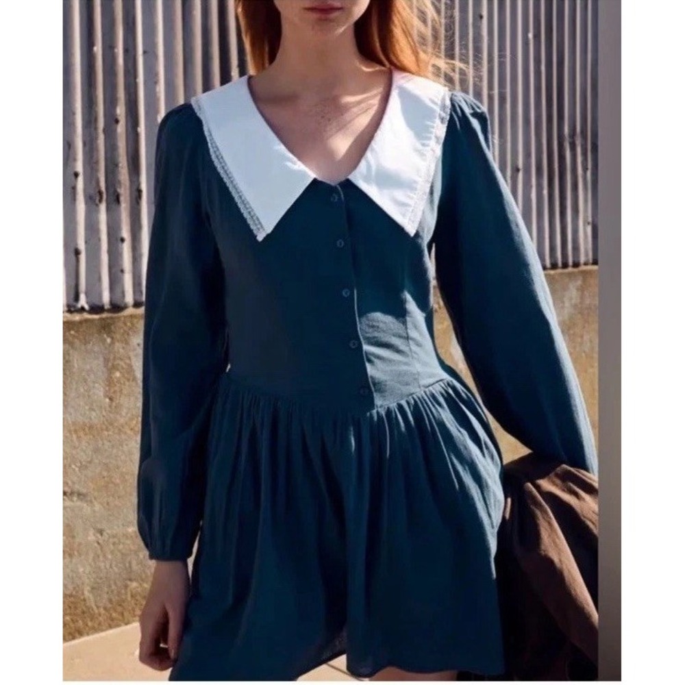 Zara Bib Oversized Collar Blue Mini Dress Cottage Core Preppy Size Medium